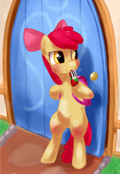 Size: 1401x2022 | Tagged: safe, artist:hieronymuswhite, apple bloom, earth pony, pony, g4, backpack, bipedal, cute, door, female, filly, foal, juice, juice box, looking sideways, mouth hold, solo, standing on two hooves
