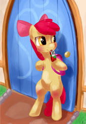 Size: 1401x2022 | Tagged: safe, artist:hieronymuswhite, apple bloom, earth pony, pony, g4, backpack, bipedal, cute, door, female, filly, foal, juice, juice box, looking sideways, mouth hold, solo