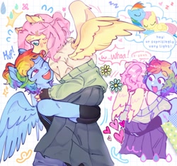 Size: 1376x1289 | Tagged: safe, artist:aj2020ahgd, fluttershy, rainbow dash, anthro, g4, dialogue, duo, female, happy, lesbian, lifting, nervous, one eye closed, ship:flutterdash, shipping, smiling, spread wings, sweat, wings
