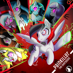 Size: 2000x2000 | Tagged: dead source, safe, artist:renokim, oc, oc only, oc:wavebud, oc:xavi, pegasus, pony, unicorn, album cover, flying, hat, high res, necktie, pink eyes, shattered glass, top hat, wide eyes