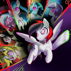 Size: 2000x2000 | Tagged: safe, artist:renokim, oc, oc only, oc:wavebud, oc:xavi, pegasus, pony, unicorn, flying, hat, high res, necktie, pink eyes, shattered glass, top hat, wide eyes