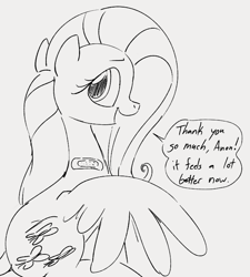 Size: 646x719 | Tagged: safe, artist:dotkwa, fluttershy, pegasus, pony, g4, bandaid, cute, female, gray background, grayscale, implied anon, looking at you, looking back, looking back at you, mare, monochrome, one wing out, open mouth, open smile, shyabetes, simple background, sketch, smiling, solo, speech bubble, talking to viewer, wings
