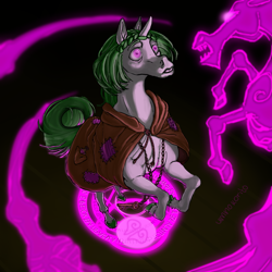 Size: 1080x1080 | Tagged: safe, artist:umnokorito, clover the clever, pony, unicorn, windigo, g4, braid, clip studio paint, clover the clever's cloak, colored hooves, cutie mark eyes, digital art, eyebrows, female, glowing, glowing eyes, green hair, green mane, highlights, hoers, hooves, key, keychain, magic, magic circle, mare, necklace, peasant, pentagram, pink eyes, prophecy, rags, raised hooves, rearing, semi-realistic, short hair, stitches, vision, white coat, wingding eyes