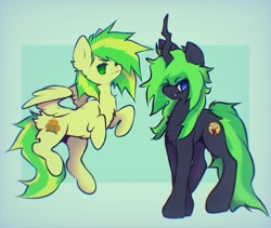 Size: 1623x1371 | Tagged: safe, artist:saberkitty666, oc, oc only, oc:wooden toaster, changeling, pegasus, pony, unicorn, duo, fanart, fangs, green changeling, green hair, green tail, horn, tail, teeth, yellow fur