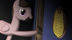 Size: 2203x1233 | Tagged: safe, artist:equestriaexploration, pony, badge, david paulides, facial hair, ponified, solo