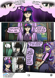 Size: 1000x1415 | Tagged: safe, artist:deroach, starlight glimmer, twilight sparkle, oc, oc:daylight, alicorn, human, comic:tales from equestria part 1, equestria project humanized, g4, book, clothes, comic, cutie mark on clothes, fanfic, humanized, map of equestria, school of friendship, tinyface, twilight sparkle (alicorn), winged humanization, wings