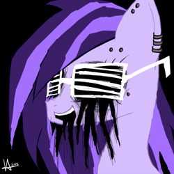 Size: 1000x1000 | Tagged: safe, artist:hackd, oc, oc only, oc:hackd, pony, black background, black sclera, bust, ear piercing, earring, jewelry, piercing, portrait, shutter shades, simple background, smiling, solo, sunglasses, zalgo