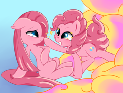 Size: 1600x1200 | Tagged: artist needed, source needed, safe, pinkie pie, earth pony, pony, g4, blue background, boop, cloud, cute, cuteamena, diapinkes, duality, eye contact, female, floppy ears, grin, heart, heart eyes, looking at each other, looking at someone, mare, pinkamena diane pie, reaching, simple background, sitting, smiling, starry eyes, wingding eyes