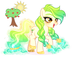 Size: 1550x1240 | Tagged: safe, artist:gihhbloonde, oc, earth pony, pony, apple, apple tree, braid, ethereal mane, ethereal tail, eyeshadow, female, freckles, golden eyes, gradient hair, gradient mane, gradient tail, hoof shoes, long hair, long tail, magical lesbian spawn, makeup, mare, offspring, open mouth, parent:applejack, parent:princess celestia, parents:applelestia, raised hoof, simple background, smiling, solo, standing on two hooves, sun, tail, transparent background, tree, yellow eyes
