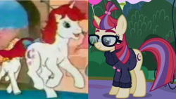 Size: 1280x720 | Tagged: safe, edit, edited screencap, screencap, moondancer, moondancer (g1), pony, unicorn, amending fences, g1, g4, my little pony 'n friends, rescue at midnight castle, clothes, coincidence i think not, comparison, cropped, cute, dancerbetes, female, g1 dancerbetes, g1 to g4, generation leap, generational ponidox, glasses, mare, sweater