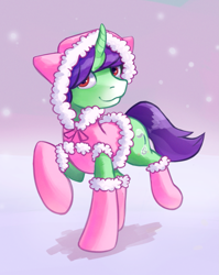 Size: 1369x1718 | Tagged: safe, artist:replacer808, oc, oc only, oc:crescent star, crystal pony, crystal unicorn, pony, unicorn, clothes, happy, hoodie, outfit, sissy, snow, snowflake, socks, solo, winter coat, winter outfit