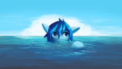 Size: 3000x1687 | Tagged: safe, artist:replacer808, oc, oc only, oc:happy dream, pony, blowing bubbles, cloud, cute, peeking, solo, submerged, water, wet, wet mane