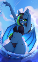 Size: 2470x4000 | Tagged: safe, artist:kutoshi, oc, oc only, bat pony, anthro, bat wings, belly button, bikini, breasts, clothes, female, looking at you, mare, one eye closed, solo, swimsuit, wings, wink, winking at you