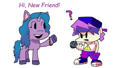 Size: 1381x777 | Tagged: safe, artist:lojo98, izzy moonbow, human, pony, unicorn, g5, my little pony: a new generation, boyfriend (friday night funkin), d-side, d-side boyfriend, duo, friday night funkin', funkin' is magic, hi new friend, idea, simple background, transparent background, what if