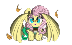 Size: 3300x2100 | Tagged: safe, artist:hisp, fluttershy, pegasus, pony, g4, autumn, blushing, clothes, coffee, cute, high res, leaves, scarf, simple background, solo, starbucks, transparent background, wings