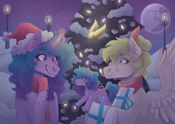 Size: 4960x3507 | Tagged: safe, artist:monnarcha, izzy moonbow, oc, oc:pixie, pegasus, pony, unicorn, g5, absurd resolution, christmas, christmas tree, clothes, golden snitch, hat, holiday, mare in the moon, moon, plushie, present, santa hat, scarf, self plushidox, snow, streetlight, tree