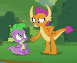 Size: 860x703 | Tagged: safe, screencap, smolder, spike, dragon, father knows beast, g4, cropped, dragoness, duo, female, hand on hip, male, pointing, raised eyebrow, scratches