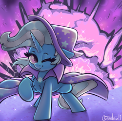 Size: 1171x1165 | Tagged: safe, alternate version, artist:llametsul, trixie, pony, unicorn, atg 2022, cape, chest fluff, clothes, cool guys don't look at explosions, cute, diatrixes, explosion, female, hat, looking at you, mare, newbie artist training grounds, one eye closed, signature, smiling, smiling at you, solo, trixie's cape, trixie's hat, wink, winking at you