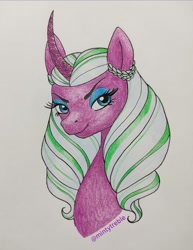 Size: 1249x1620 | Tagged: safe, artist:mintytreble, opaline arcana, alicorn, pony, g5, my little pony: make your mark, spoiler:g5, spoiler:my little pony: make your mark, bust, eyebrows, eyeshadow, female, looking at you, makeup, mare, signature, smiling, smiling at you, smirk, solo, traditional art, white hair