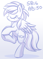 Size: 1827x2500 | Tagged: safe, artist:kannakiller, pony, commission, digital art, eyes closed, horn, sketch, solo, wings, ych sketch, your character here