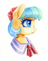 Size: 606x770 | Tagged: safe, artist:maytee, coco pommel, earth pony, pony, g4, bust, cocobetes, cute, portrait, profile, simple background, smiling, solo, traditional art, white background