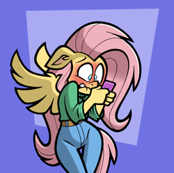 Size: 3720x3707 | Tagged: safe, artist:toonbat, fluttershy, anthro, g4, blushing, cellphone, cropped, female, flustered, high res, phone, smartphone, solo, spread wings, wingboner, wings