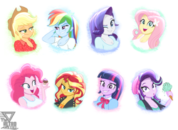 Size: 3000x2200 | Tagged: safe, artist:theretroart88, applejack, fluttershy, pinkie pie, rainbow dash, rarity, starlight glimmer, sunset shimmer, twilight sparkle, human, equestria girls, equestria girls series, equestria girls specials, g4, mirror magic, applejack's hat, beanie, big breasts, bowtie, breasts, busty applejack, busty fluttershy, busty pinkie pie, busty rainbow dash, busty rarity, busty starlight glimmer, busty sunset shimmer, busty twilight sparkle, cleavage, clothes, cowboy hat, cupcake, female, food, hairclip, hat, high res, holding, humane five, humane seven, humane six, ice cream, lip bite, looking at each other, looking at someone, looking at you, one eye closed, open mouth, open smile, raised eyebrow, shirt, simple background, smiling, smiling at each other, smiling at you, t-shirt, tank top, that human sure does love ice cream, that pony sure does love ice cream, wall of tags, white background, wink, winking at you