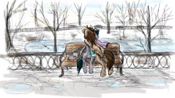 Size: 1920x1080 | Tagged: safe, artist:velvetrwings, oc, oc only, oc:andy feelin, oc:dəep, earth pony, pegasus, pony, bench, book, clothes, hug, lake, scarf, tree, water, winter