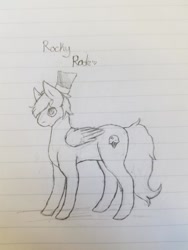 Size: 508x677 | Tagged: safe, artist:snoodle, oc, oc only, oc:rockyroadic, pegasus, pony, cute, hat, lined paper, solo, top hat, traditional art