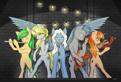 Size: 3200x2160 | Tagged: safe, artist:maneingreen, oc, oc only, oc:andy feelin, oc:soul strings, oc:sunset songbird, oc:sytira wave, earth pony, pegasus, pony, unicorn, band, bipedal, cropped, electric guitar, flute, guitar, high res, microphone, musical instrument, spread wings, violin, wings