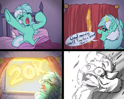 Size: 4408x3512 | Tagged: safe, artist:witchtaunter, lyra heartstrings, pony, unicorn, g4, bed, celebration, chest fluff, comic, curtains, cute, ear fluff, faic, female, floppy ears, funny, glowing, glowing horn, high res, horn, l.u.l.s., magic, mare, milestone, screaming, solo, speech bubble, squint, stretching, telekinesis, waking up, yawn, yelling