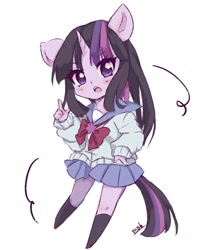 Size: 1477x1846 | Tagged: safe, artist:moh_mlp2, twilight sparkle, anthro, g4, chibi, clothes, female, horn, human facial structure, looking at you, open mouth, simple background, skirt, socks, solo, stockings, thigh highs, white background