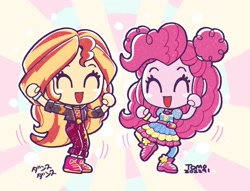 Size: 1634x1246 | Tagged: safe, artist:babtyu, pinkie pie, sunset shimmer, human, equestria girls, equestria girls specials, g4, my little pony equestria girls: better together, my little pony equestria girls: sunset's backstage pass, ^^, alternate hairstyle, blush sticker, blushing, chibi, clothes, cute, dancing, diapinkes, dress, duo, duo female, eyes closed, female, jacket, japanese, music festival outfit, open mouth, open smile, raised leg, shimmerbetes, shoes, smiling