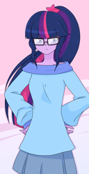 Size: 1280x2500 | Tagged: safe, artist:batipin, sci-twi, twilight sparkle, human, equestria girls, g4, clothes, female, glasses, hand on hip, looking at you, skirt, solo