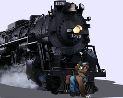 Size: 964x769 | Tagged: safe, artist:tyotheartist1, oc, oc:smokebox soot, earth pony, pony, clothes, gift art, locomotive, overalls, railroad, steam, steam locomotive, the polar express, train, vehicle