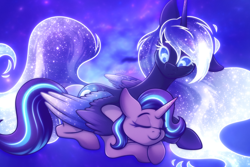 Size: 3000x2000 | Tagged: safe, artist:shad0w-galaxy, princess luna, starlight glimmer, alicorn, pony, unicorn, g4, alternate design, cuddling, cute, duo, ethereal mane, ethereal tail, eyes closed, female, glowing, glowing eyes, high res, hug, lesbian, lunabetes, mare, shipping, sleeping, smiling, space, sparkly eyes, sparkly mane, sparkly tail, sparkly wings, starry background, tail, wingding eyes, winghug, wings