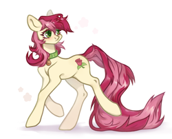 Size: 2100x1700 | Tagged: safe, artist:rustya, roseluck, pony, g4, collar, commission, commissioner:doom9454, cute, long tail, pet tag, pony pet, rosepet, simple background, solo, tail, white background