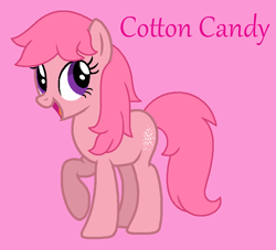 Size: 919x834 | Tagged: safe, artist:jigglewiggleinthepigglywiggle, cotton candy (g1), earth pony, pony, g1, g4, base used, cottoncandybetes, cross-eyed, cute, female, full body, g1 to g4, generation leap, hooves, mare, open mouth, open smile, pink background, pink hair, pink mane, pink tail, pink text, purple eyes, raised hoof, raised leg, simple background, smiling, solo, standing, straight hair, straight mane, straight tail, tail, text