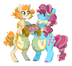 Size: 1300x1200 | Tagged: safe, artist:eqq_scremble, derpibooru exclusive, cup cake, pear butter, earth pony, pony, g4, alternate universe, apron, bipedal, blushing, chiffon swirl, clothes, cupcake, duo, ear piercing, earring, female, flower, flower in hair, food, hair tie, jewelry, lesbian, messy, older, oven mitts, piercing, ship:buttercake, shipping, short hair, simple background, smiling, white background