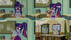 Size: 4400x2475 | Tagged: safe, edit, edited screencap, editor:quoterific, screencap, princess celestia, principal celestia, sandalwood, sci-twi, twilight sparkle, human, equestria girls, equestria girls series, g4, schedule swap, spoiler:eqg series (season 2), brooch, clothes, cutie mark accessory, cutie mark brooch, cutie mark hair accessory, cutie mark on clothes, geode of telekinesis, hair accessory, jewelry, magical geodes, ponytail, this will end in chaos