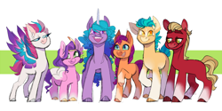 Size: 1500x750 | Tagged: safe, artist:eqq_scremble, derpibooru exclusive, hitch trailblazer, izzy moonbow, pipp petals, sprout cloverleaf, sunny starscout, zipp storm, earth pony, pegasus, pony, unicorn, g5, spoiler:g5, blaze (coat marking), coat markings, colored hooves, colored pinnae, facial markings, female, gold hooves, hooves, looking at you, male, mane five, mare, open mouth, open smile, pipp is short, raised hoof, simple background, smiling, smiling at you, snip (coat marking), socks (coat markings), spread wings, sprout joins the mane five, stallion, standing, wings