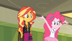 Size: 520x293 | Tagged: safe, screencap, pinkie pie, sunset shimmer, human, equestria girls, g4, my little pony equestria girls: better together, sock it to me, animated, cartoon physics, clothes, female, geode of empathy, geode of sugar bombs, hammerspace, hammerspace hair, lockers, magical geodes, pinkie being pinkie, pinkie physics, pinkie's magic hair, skirt, socks, vest