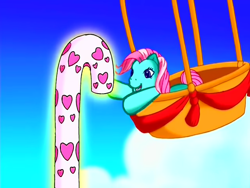 Size: 640x480 | Tagged: safe, screencap, minty, earth pony, pony, a very minty christmas, g3, candy, candy cane, female, food, hot air balloon, mare, oh minty minty minty, solo, the here comes christmas candy cane, this will end in little crackly pieces, this will end in tears, this will not end well