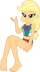 Size: 4189x7425 | Tagged: safe, artist:emeraldblast63, applejack, equestria girls, applejack's beach shorts swimsuit, barefoot, beach shorts swimsuit, bedroom eyes, belly button, breasts, clothes, feet, looking at you, midriff, sexy, simple background, solo, swimsuit, transparent background