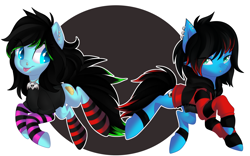Size: 3200x2000 | Tagged: safe, artist:xvostik, oc, oc only, oc:emo lad, oc:scene chick, earth pony, pony, :p, arm warmers, brother and sister, clothes, commission, duo, dyed mane, dyed tail, ear piercing, earring, emo, female, happy, high res, hoodie, jewelry, leg band, lip piercing, male, mare, necklace, nose piercing, piercing, scene, shirt, siblings, simple background, socks, stallion, striped socks, t-shirt, tail, tongue out, white background, ych result