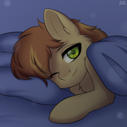Size: 1999x1999 | Tagged: safe, artist:alunedoodle, braeburn, earth pony, pony, g4, bed, bed hair, commission, looking at you, male, missing accessory, smiling, solo, stallion, two toned mane, ych result