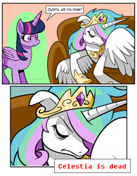 Size: 996x1280 | Tagged: safe, artist:curtsibling, princess celestia, twilight sparkle, alicorn, pony, g4, caption, close-up, comic, couch, current events, dead, dialogue, dishevelled, eyes closed, floppy ears, homer is dead, lying down, male, on side, simple background, speech bubble, spread wings, text, the simpsons, twilight sparkle (alicorn), wings
