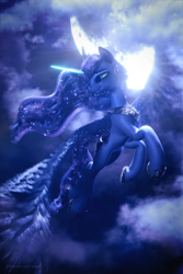 Size: 3840x5760 | Tagged: safe, artist:etherium-apex, princess luna, alicorn, pony, 3d, blender, blender eevee, female, flying, looking back, mare, moon, solo