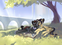 Size: 5400x3900 | Tagged: safe, artist:chi-eca, artist:hichieca, oc, oc only, oc:eternal light, alicorn, bat pony, pony, alicorn oc, bat pony oc, blue eyes, book, bridge, castle, couple, grass, horn, lying down, ponytail, reading, red eyes, shadow, tail, tree, two toned mane, two toned tail, wings