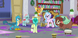 Size: 1491x737 | Tagged: safe, screencap, gallus, ocellus, sandbar, silverstream, smolder, yona, changedling, changeling, classical hippogriff, dragon, earth pony, griffon, hippogriff, pony, yak, g4, the hearth's warming club, bookshelf, bow, bucket, butt, cloven hooves, colored hooves, cropped, hair bow, monkey swings, mop, plot, student six